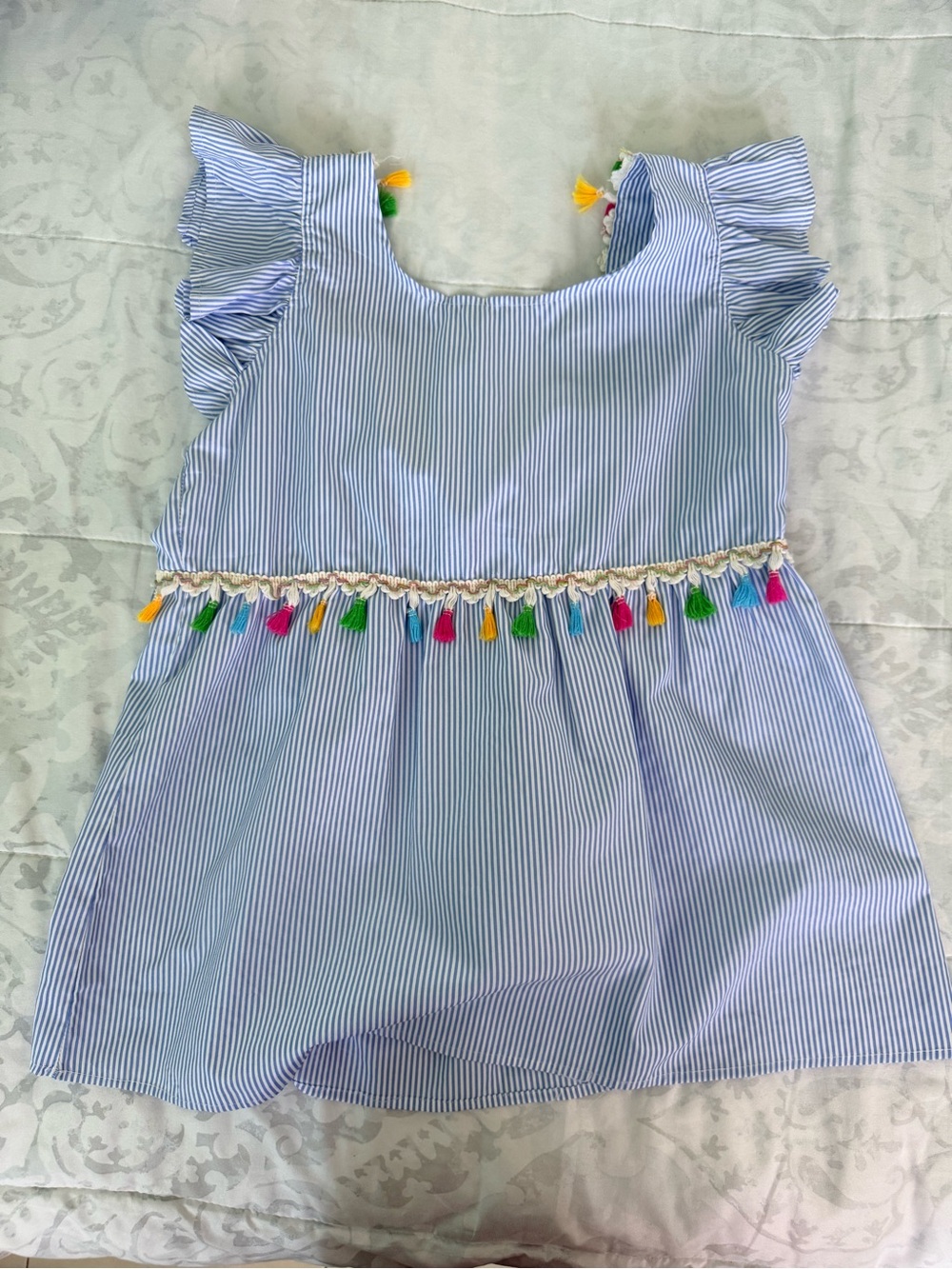 Blue Pinstripe blouse with Colorful Tassels
